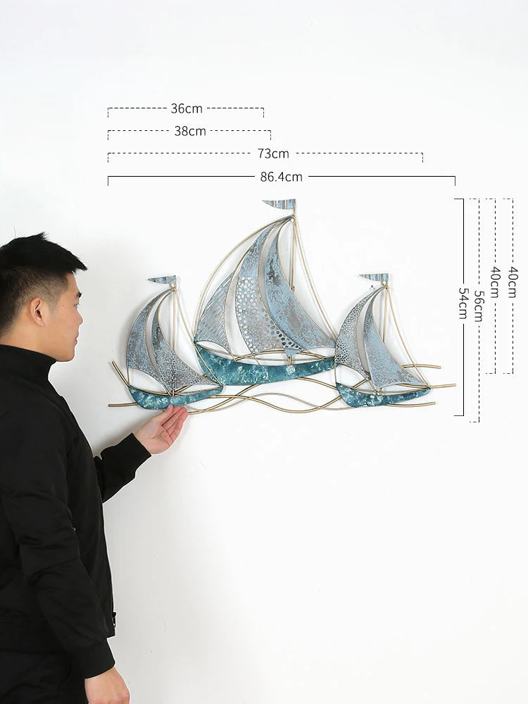 Modern Wrought Iron Sailboat Wall Mural Hotel 3D Wall Sticker Decoration Home Livingroom Background Wall Hanging Ornament Crafts