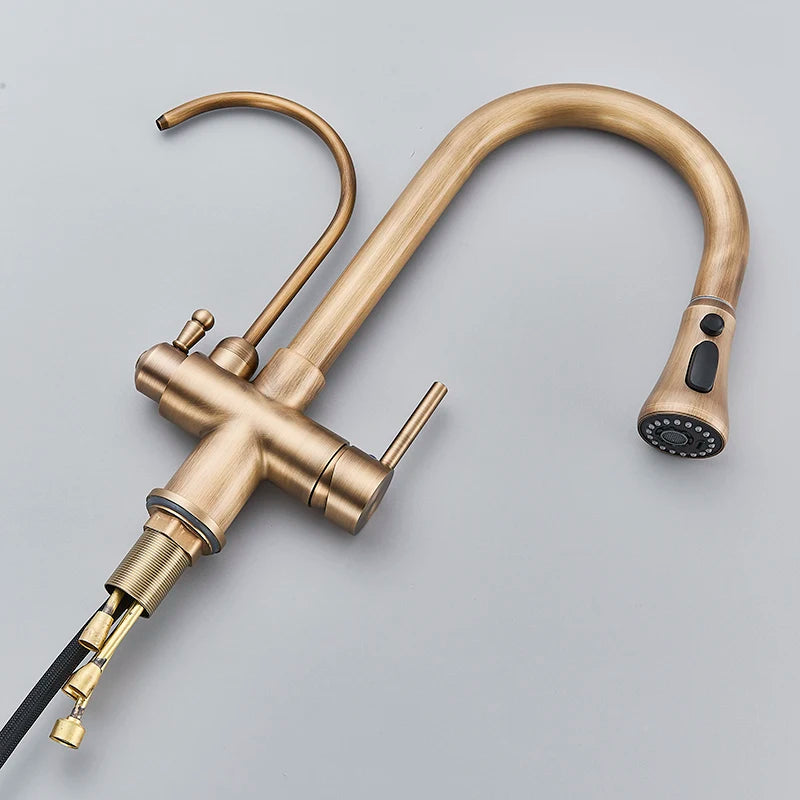 SHBSHAIMY Golden Kitchen Tap Pull Down Purified Water Faucet 360 Rotation Double Handles Single Hole Cold and Hot Water Mixers