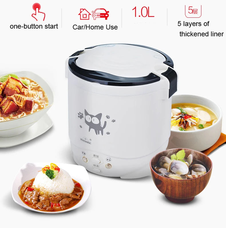 12V 24V Mini Rice Cooker Car Truck Soup Porridge Cooking Machine Food Steamer Electric Heating Lunch Box Meal Heater Warmer 2L
