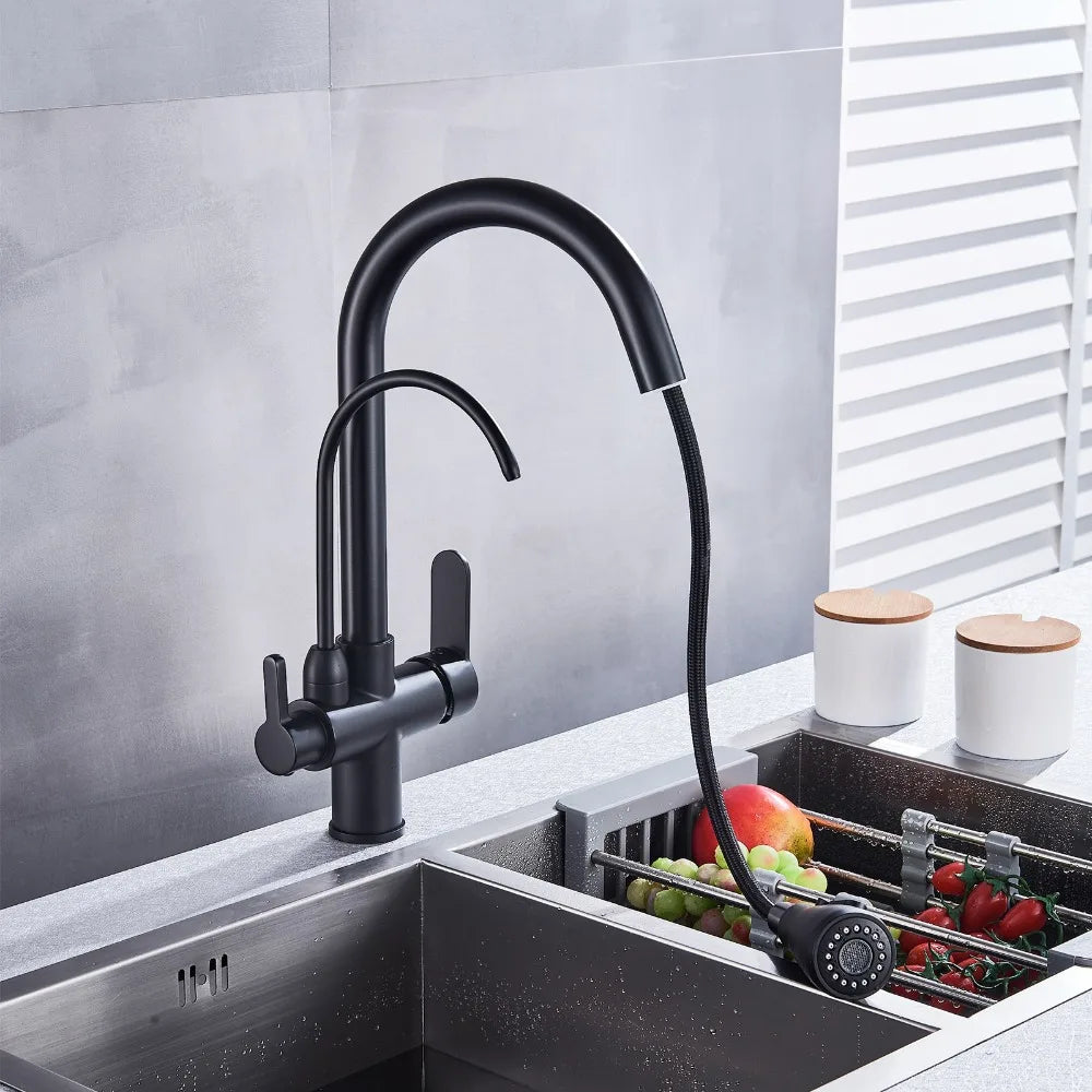 SHBSHAIMY Golden Kitchen Tap Pull Down Purified Water Faucet 360 Rotation Double Handles Single Hole Cold and Hot Water Mixers