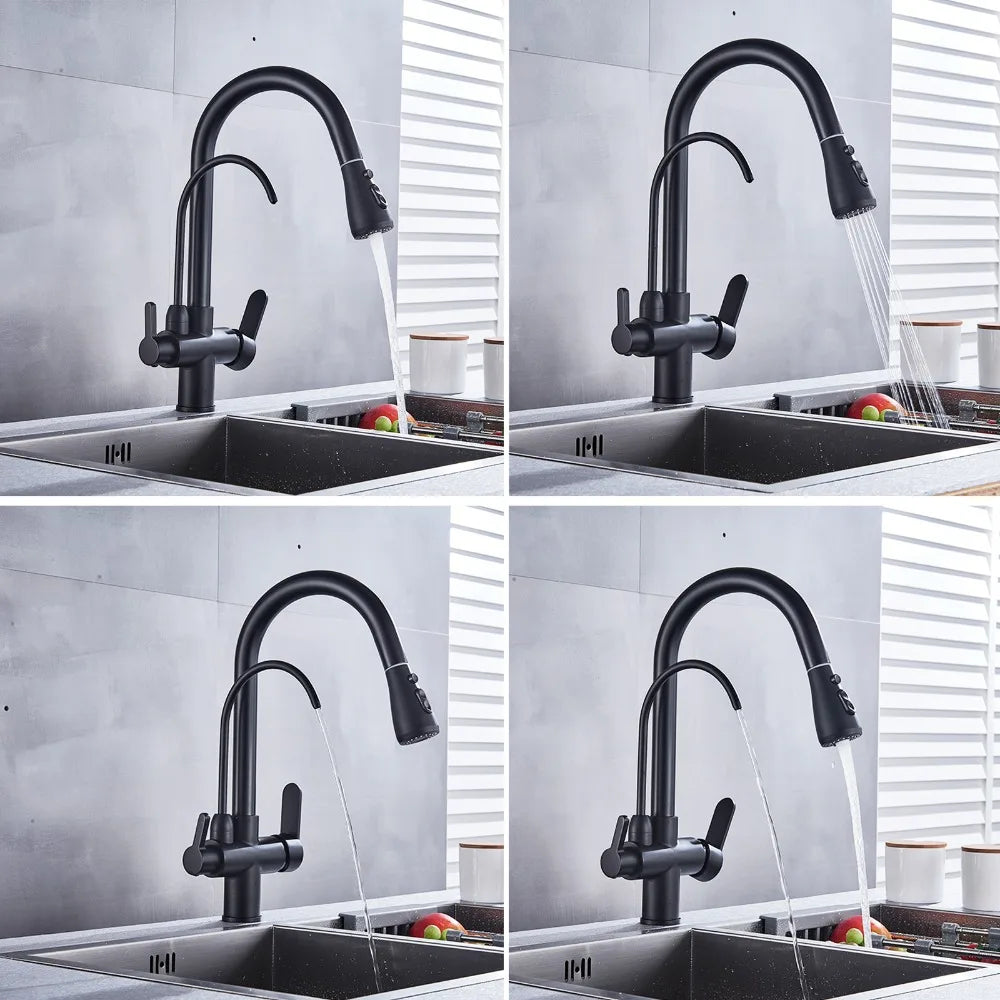 SHBSHAIMY Golden Kitchen Tap Pull Down Purified Water Faucet 360 Rotation Double Handles Single Hole Cold and Hot Water Mixers