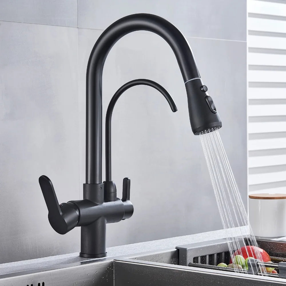 SHBSHAIMY Golden Kitchen Tap Pull Down Purified Water Faucet 360 Rotation Double Handles Single Hole Cold and Hot Water Mixers