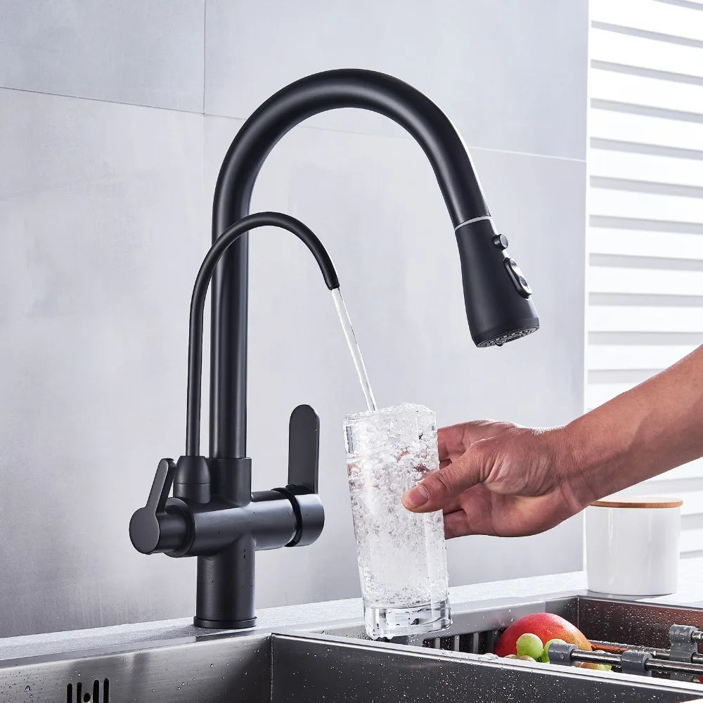 SHBSHAIMY Golden Kitchen Tap Pull Down Purified Water Faucet 360 Rotation Double Handles Single Hole Cold and Hot Water Mixers