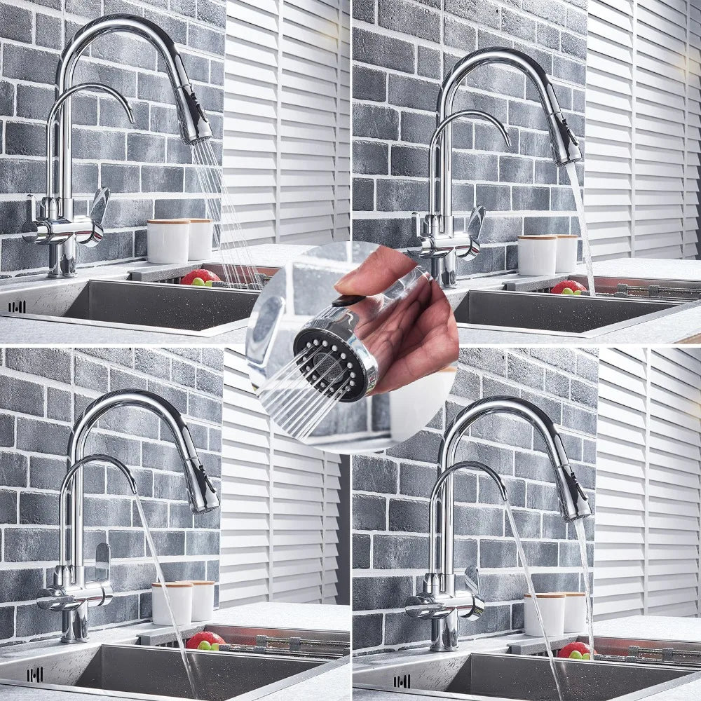 SHBSHAIMY Golden Kitchen Tap Pull Down Purified Water Faucet 360 Rotation Double Handles Single Hole Cold and Hot Water Mixers