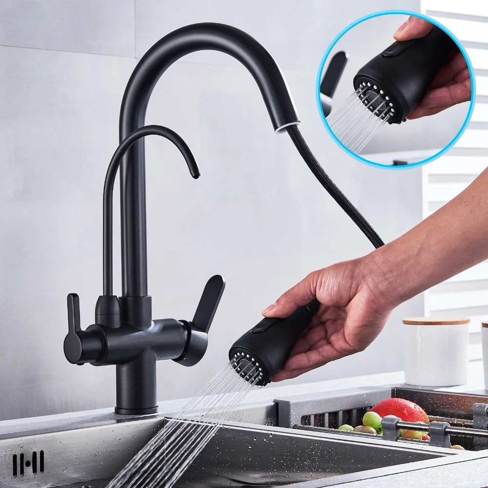 SHBSHAIMY Golden Kitchen Tap Pull Down Purified Water Faucet 360 Rotation Double Handles Single Hole Cold and Hot Water Mixers