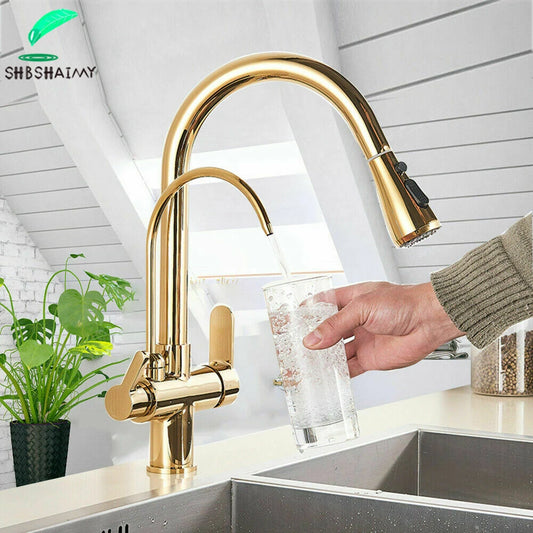 SHBSHAIMY Golden Kitchen Tap Pull Down Purified Water Faucet 360 Rotation Double Handles Single Hole Cold and Hot Water Mixers