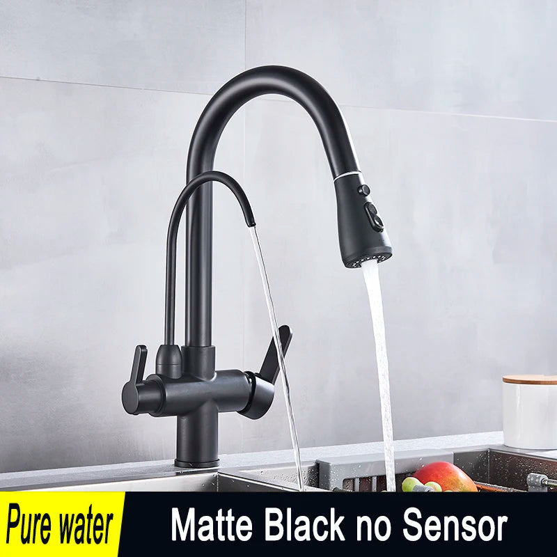 SHBSHAIMY Golden Kitchen Tap Pull Down Purified Water Faucet 360 Rotation Double Handles Single Hole Cold and Hot Water Mixers