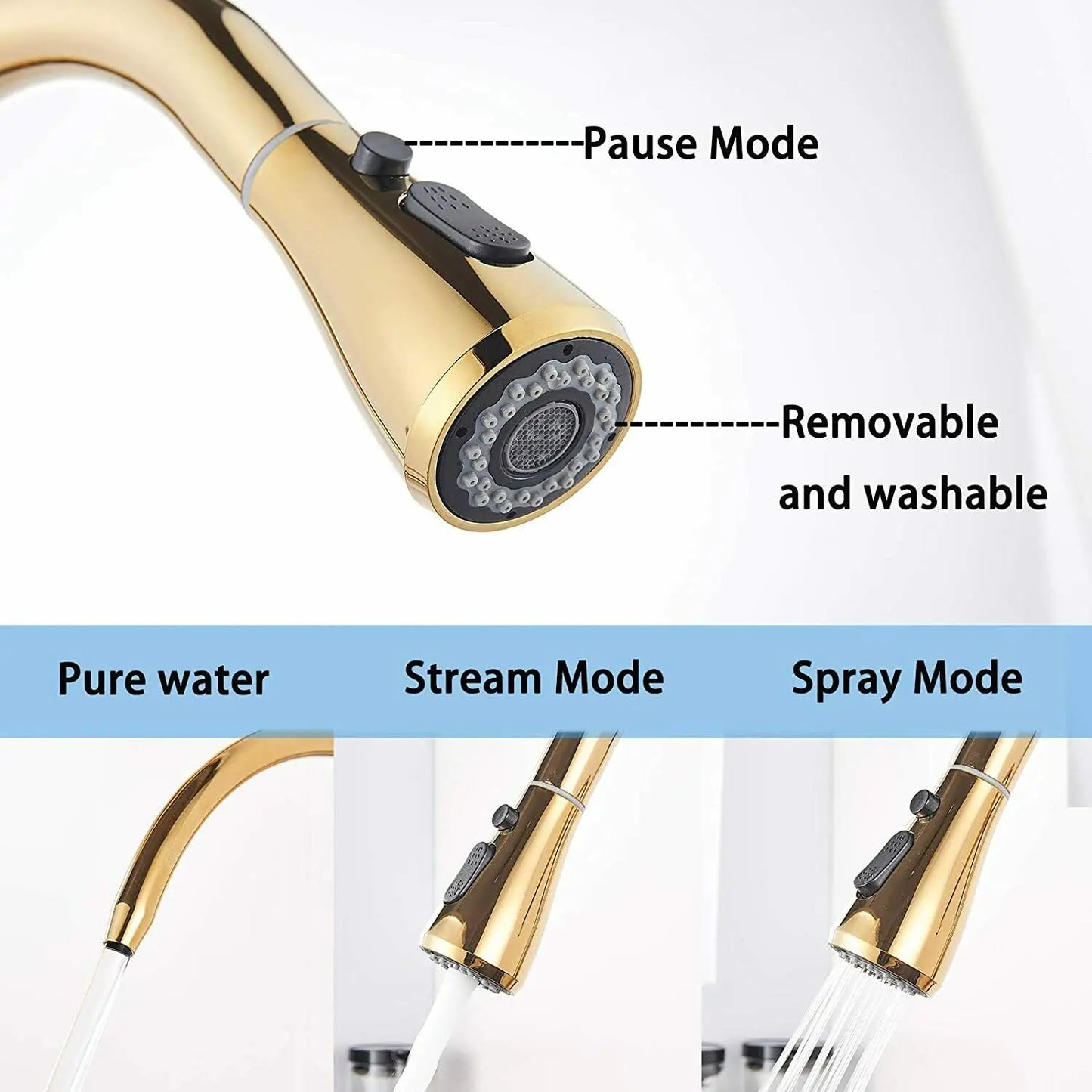 SHBSHAIMY Golden Kitchen Tap Pull Down Purified Water Faucet 360 Rotation Double Handles Single Hole Cold and Hot Water Mixers