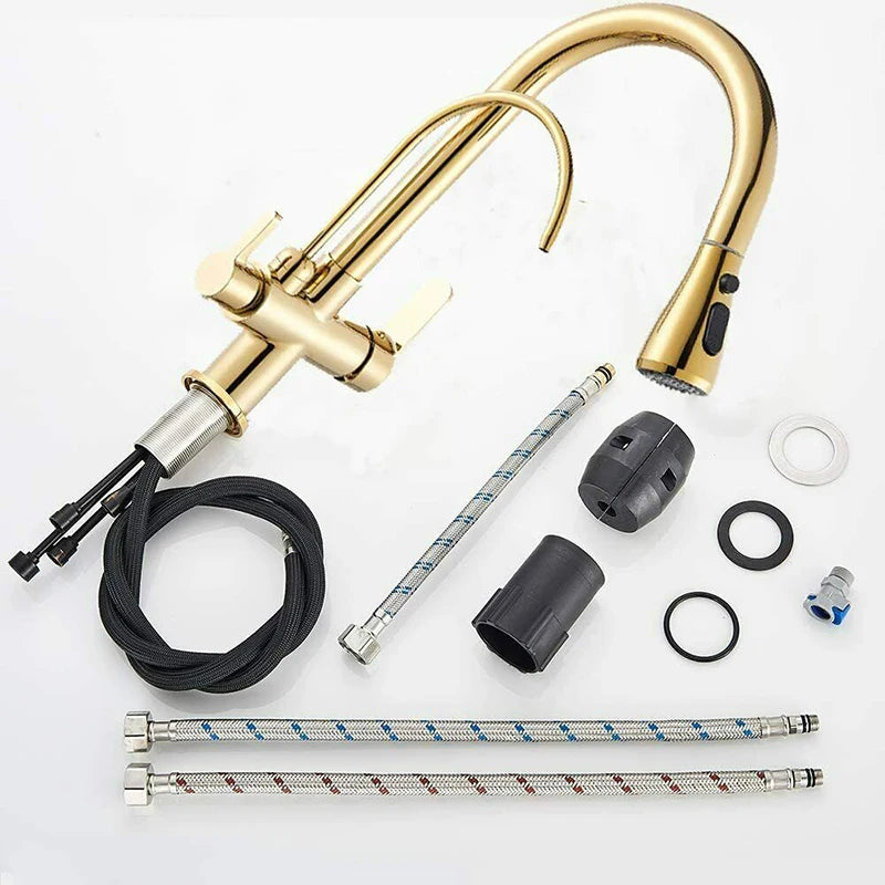 SHBSHAIMY Golden Kitchen Tap Pull Down Purified Water Faucet 360 Rotation Double Handles Single Hole Cold and Hot Water Mixers