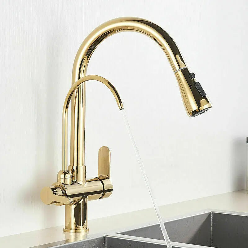 SHBSHAIMY Golden Kitchen Tap Pull Down Purified Water Faucet 360 Rotation Double Handles Single Hole Cold and Hot Water Mixers