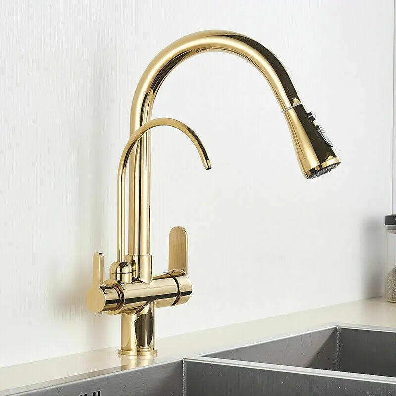 SHBSHAIMY Golden Kitchen Tap Pull Down Purified Water Faucet 360 Rotation Double Handles Single Hole Cold and Hot Water Mixers