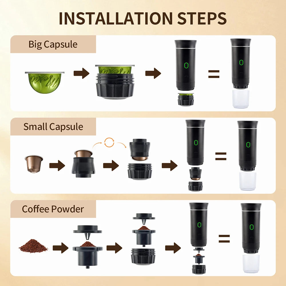 Portable Wireless Electric Espresso Coffee Machine For Travel &Car &Home Camping Coffee Maker 3-in-1 Capsule Powder Coffee Maker