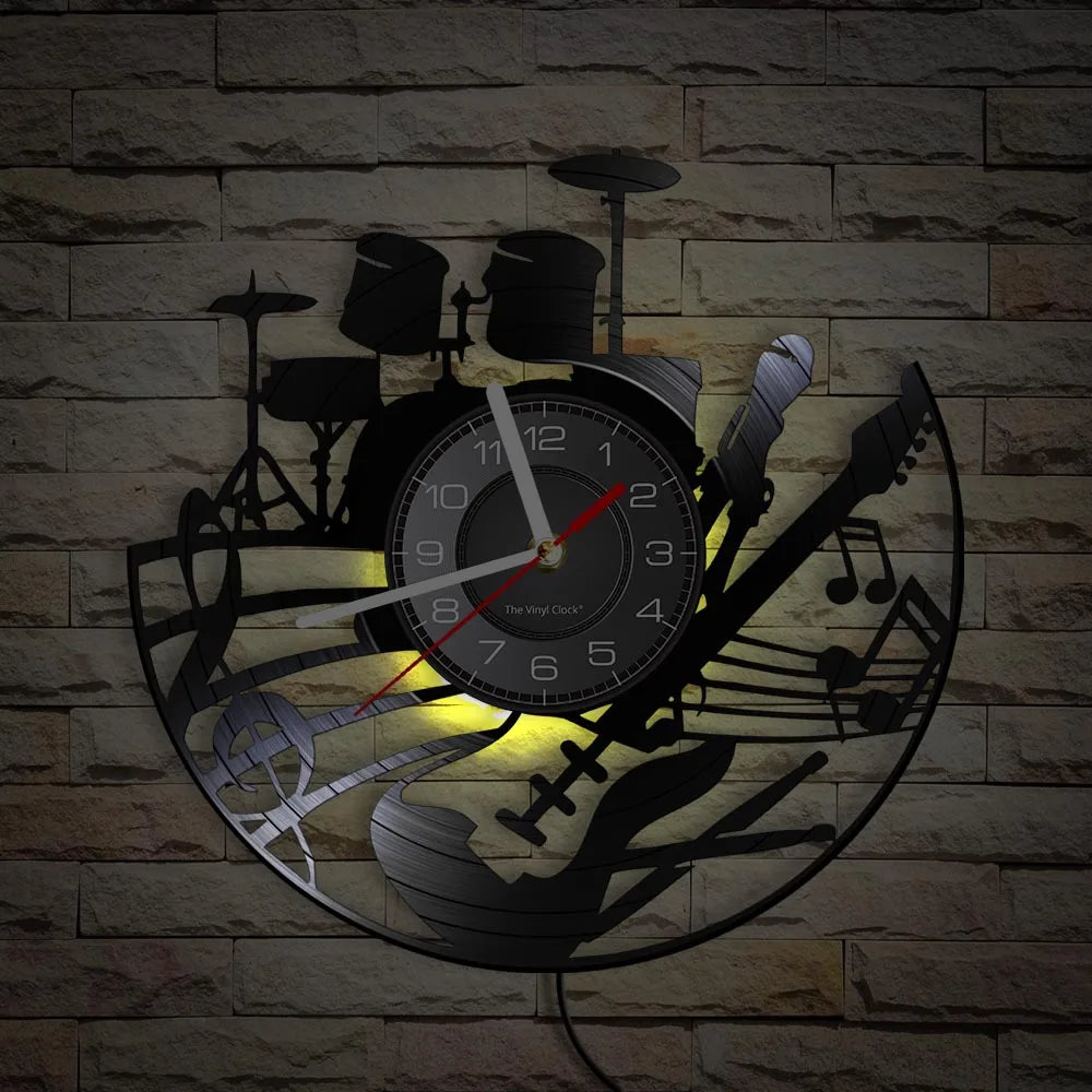Guitar and Drum Kits Wall Clock Guitar Player Music Vinyl Record Clock Rock Music Instrument Guitar Wall Art Rock n Rock Gift