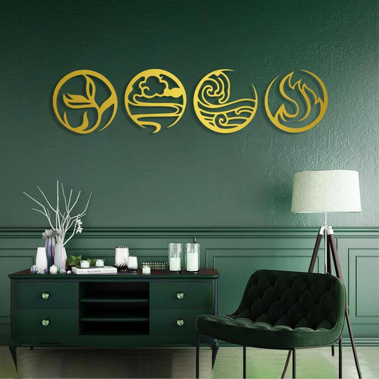 Four Elements 3D Acrylic Mirror Wall Decal Earth Water Air Fire Elements Symbol Minimalist Wall Art Bedroom Wall Decor Sticker