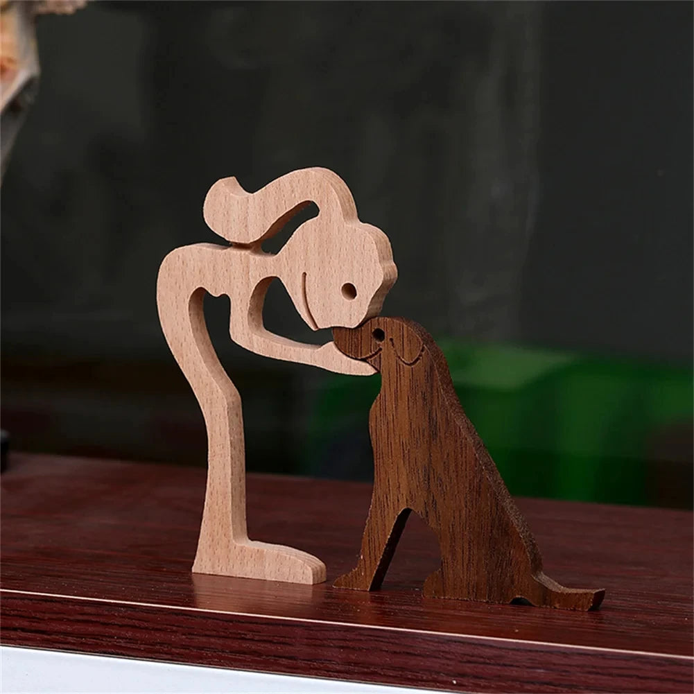 Wooden Dog And Human Craft Figurin Creative 3D Home Office Decoration Man Statue Wood Toy Desk ECO Friendly Free Shipping