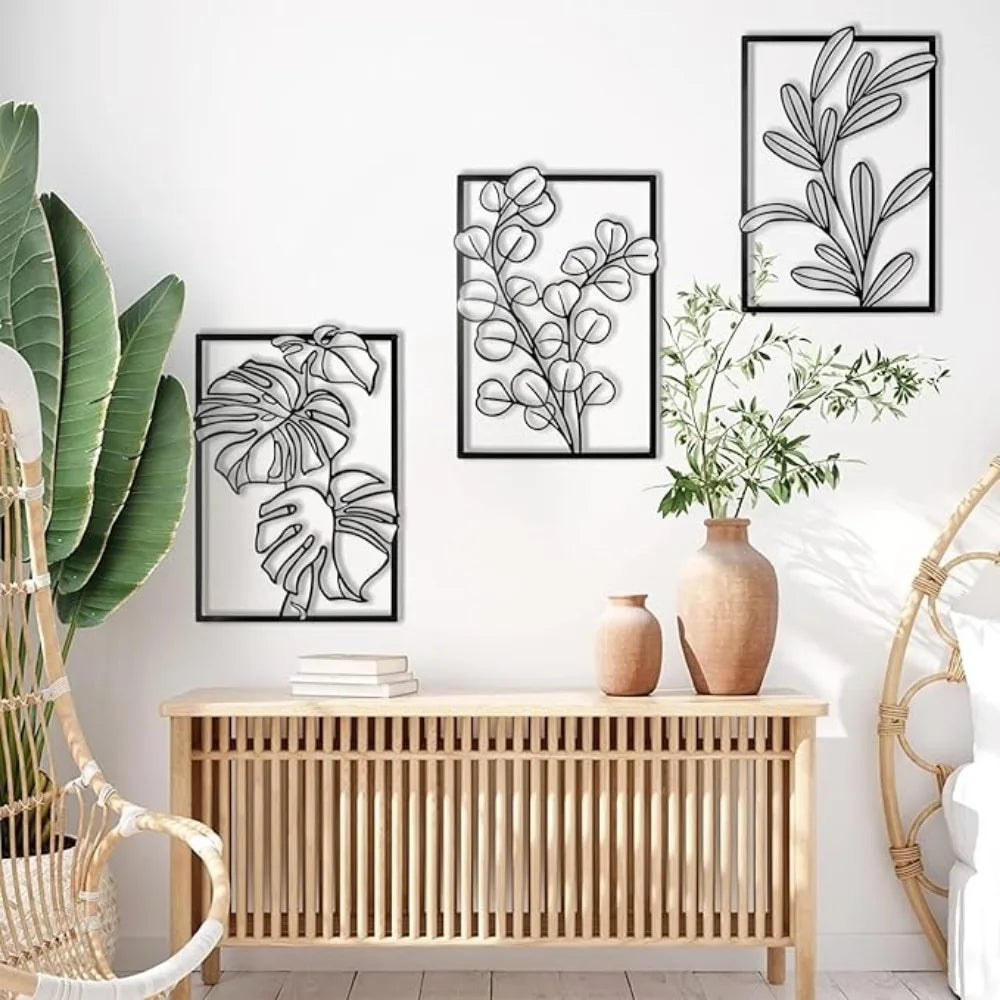 Gorgeous Gold & Black Metal Wall Decor: Large Minimalist Modern Boho Art. Abstract Flower & Leaf for Bedroom & Living Room.