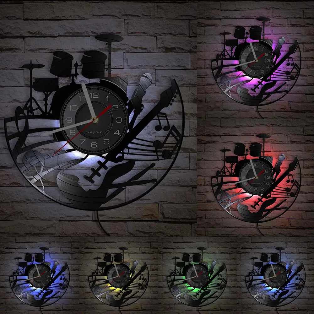 Guitar and Drum Kits Wall Clock Guitar Player Music Vinyl Record Clock Rock Music Instrument Guitar Wall Art Rock n Rock Gift