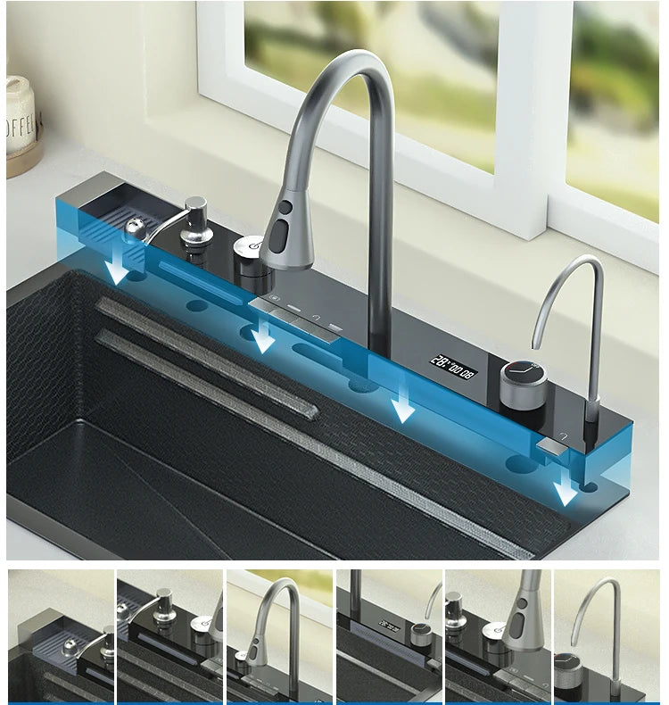 YCRAYS Gold Waterfall Multifunctional Kitchen Sink Large Single Slot Integrated Digital Display Faucet Soap Dispenser Cup Washer