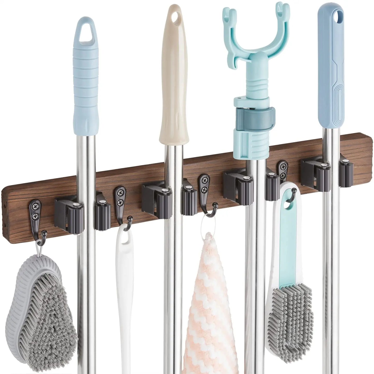 Rustic Wood Broom Mop Holder Hanger Wall Mounted Garden Tool Rack Organizer With 4 Slots 4 Hooks For Garage Laundry Room