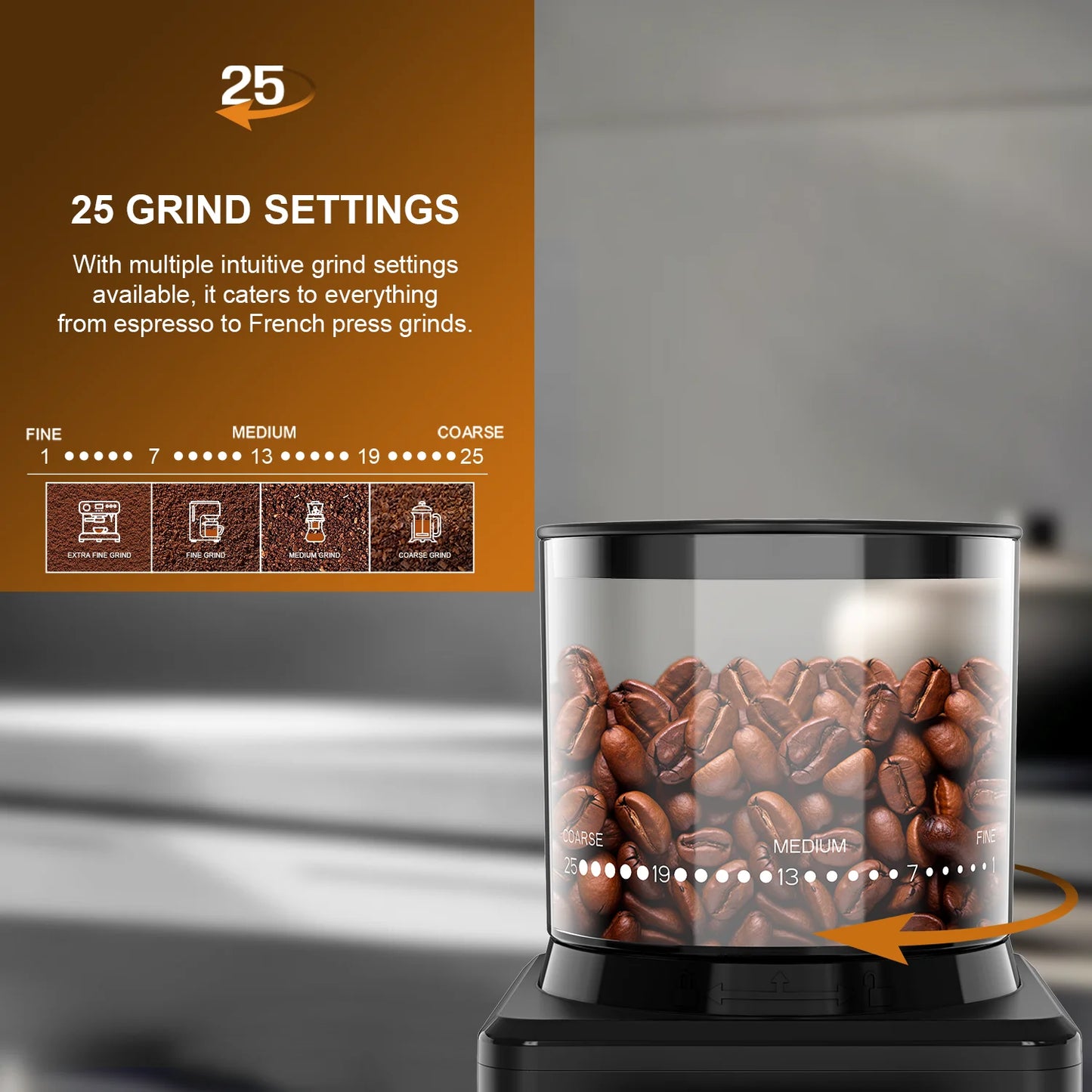 Coffee Bean Grinder Automatic Conical Burr Grinder 25 Precise Grindings with Powder Blower for Espresso French Coffee 2-12 Cups