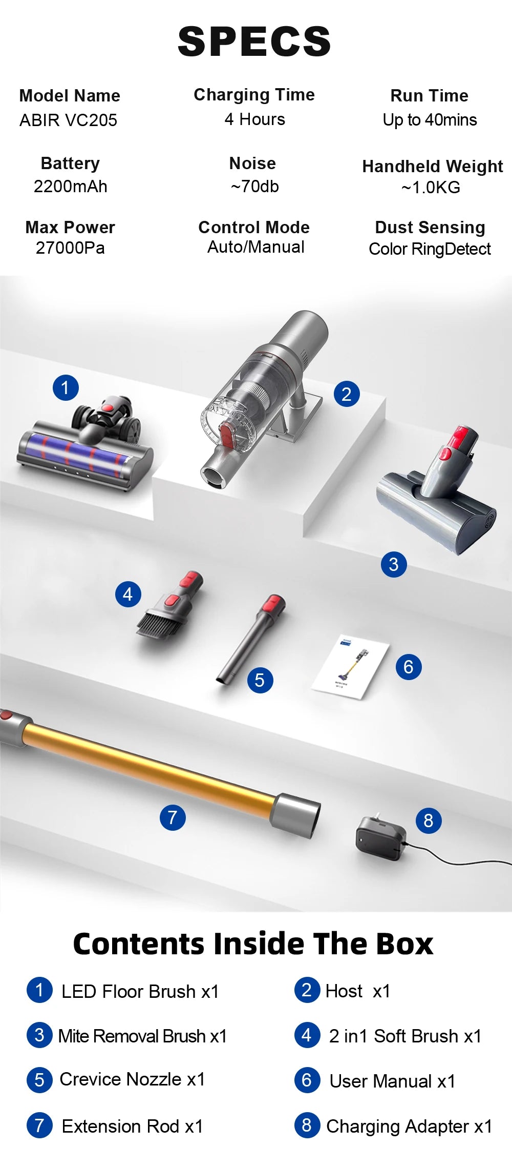 ABIR VC205 Cordless Handheld Vacuum Cleaner ,27000PA,Smart Dust Detction, Big Touch Screen,WithSmart Vacuum for Pet Home