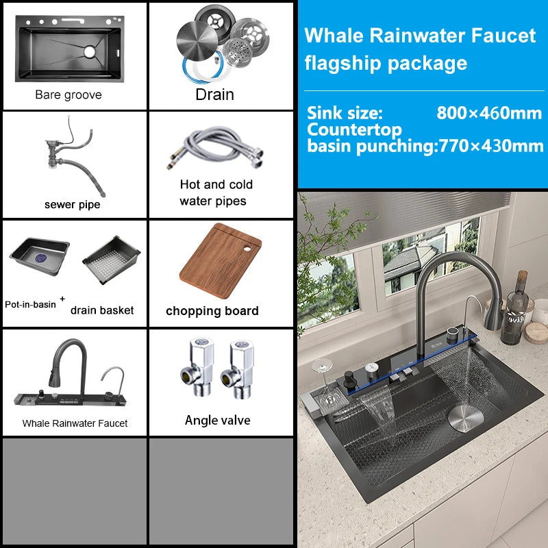 Stainless Steel New Waterfall Kitchen Sink Digital Display Dishwashing Sinks With Draining Rack Embossed Extra Large Single Slot