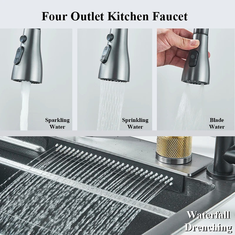 304 Stainless Steel Waterfall Kitchen Sink Sink Large Single basin With Large Single Slot Sink Above Counter With Cup Disher