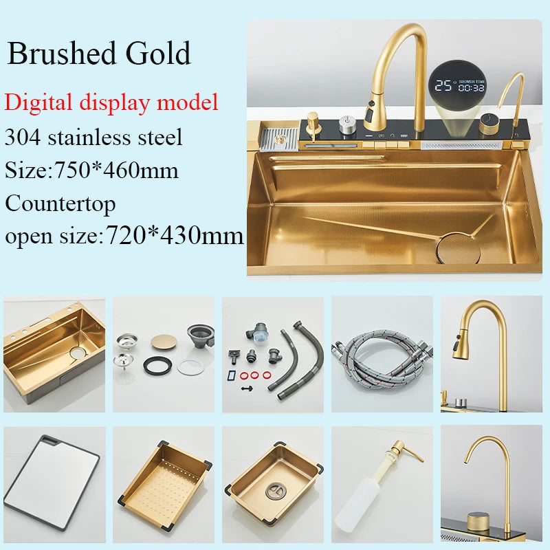 304 Stainless Steel Waterfall Kitchen Sink Sink Large Single basin With Large Single Slot Sink Above Counter With Cup Disher