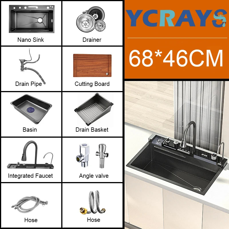 YCRAYS Gold Waterfall Multifunctional Kitchen Sink Large Single Slot Integrated Digital Display Faucet Soap Dispenser Cup Washer