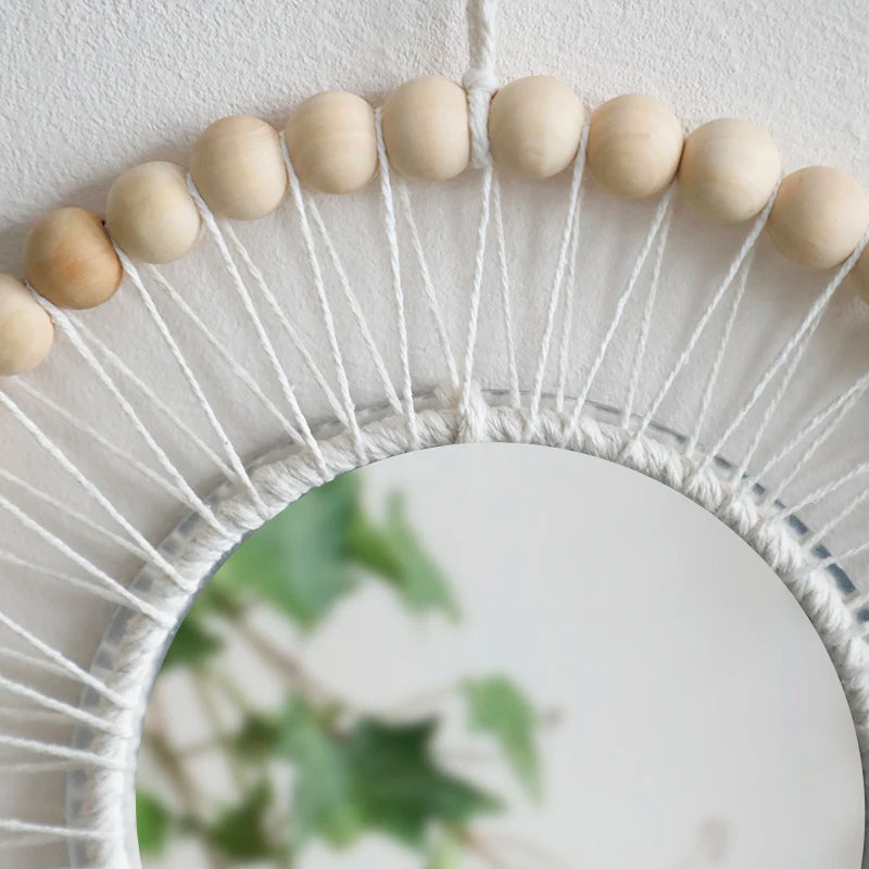 Wall Mirror Macrame Wooden Beads Decorative Mirrors Boho Home Decoration Room Decors Aesthetic Wall Art For Living Room Bedroom