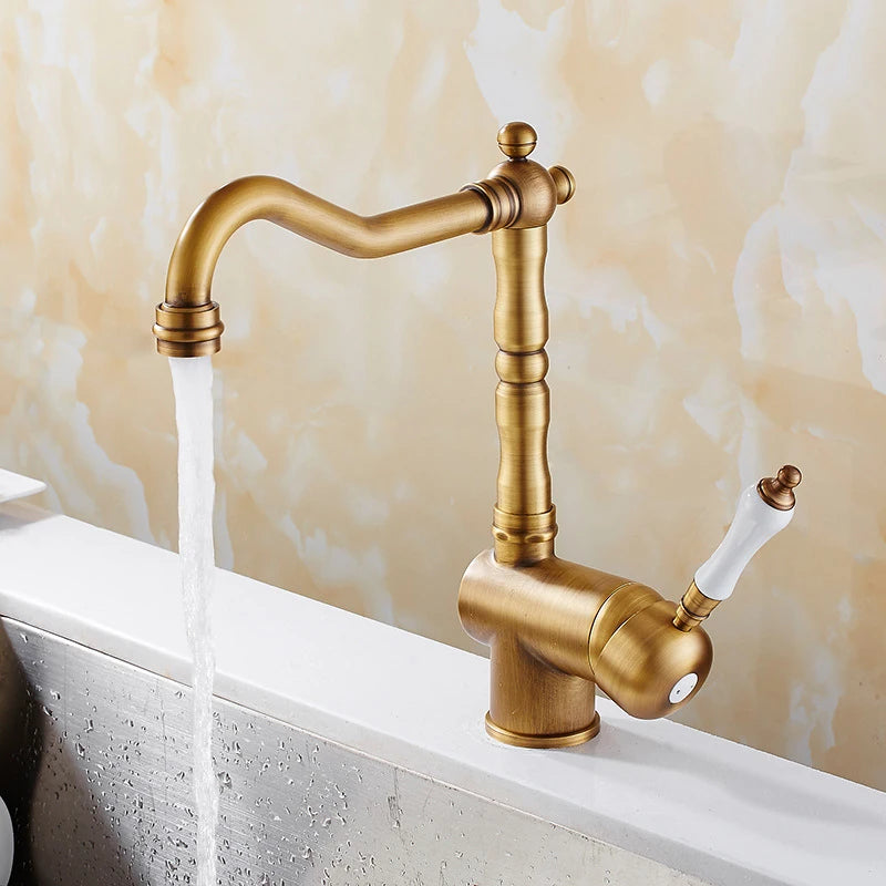 Brass Kitchen Faucet Ceramic Handle Deck Mount Bathroom Basin Faucet 360 Rotate Mixer Taps Hot Cold Water Faucet Crane