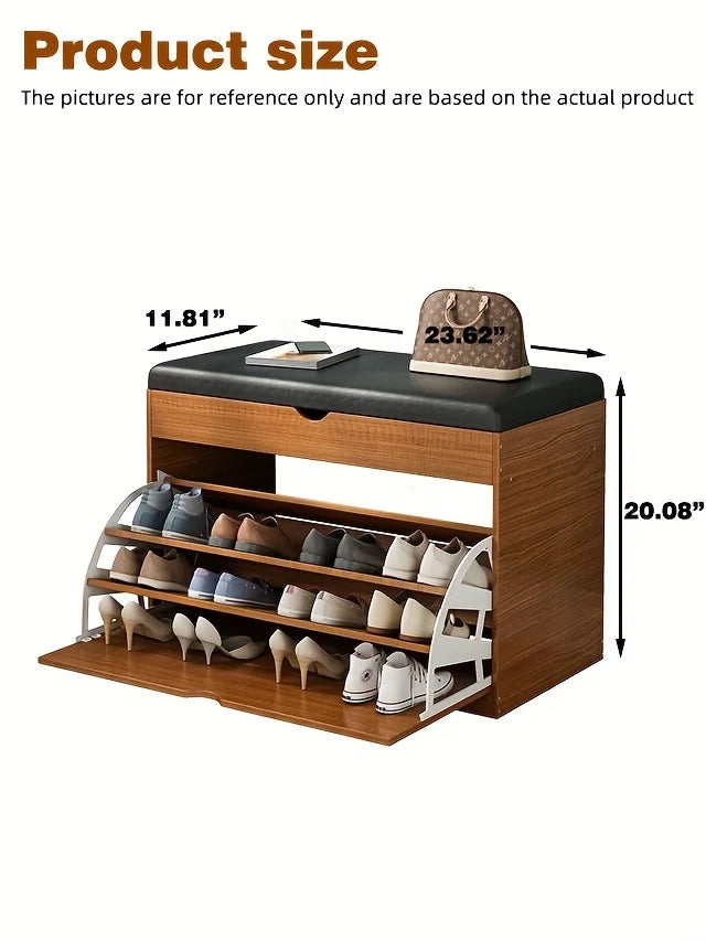 Wooden Shoe Bench with Storage | 3-Tier Shoe Rack, Cushioned Seat & Hidden Cabinet | Space-Saving Entryway Organizer for Home
