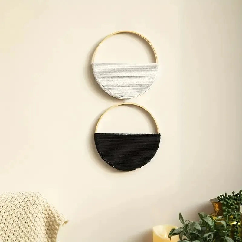 Bohemian Macrame Wall Hanging - Modern Circle Wall Art Set for Minimalist Home Decor, Handwoven Boho Wall Decor