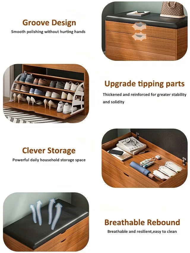 Wooden Shoe Bench with Storage | 3-Tier Shoe Rack, Cushioned Seat & Hidden Cabinet | Space-Saving Entryway Organizer for Home