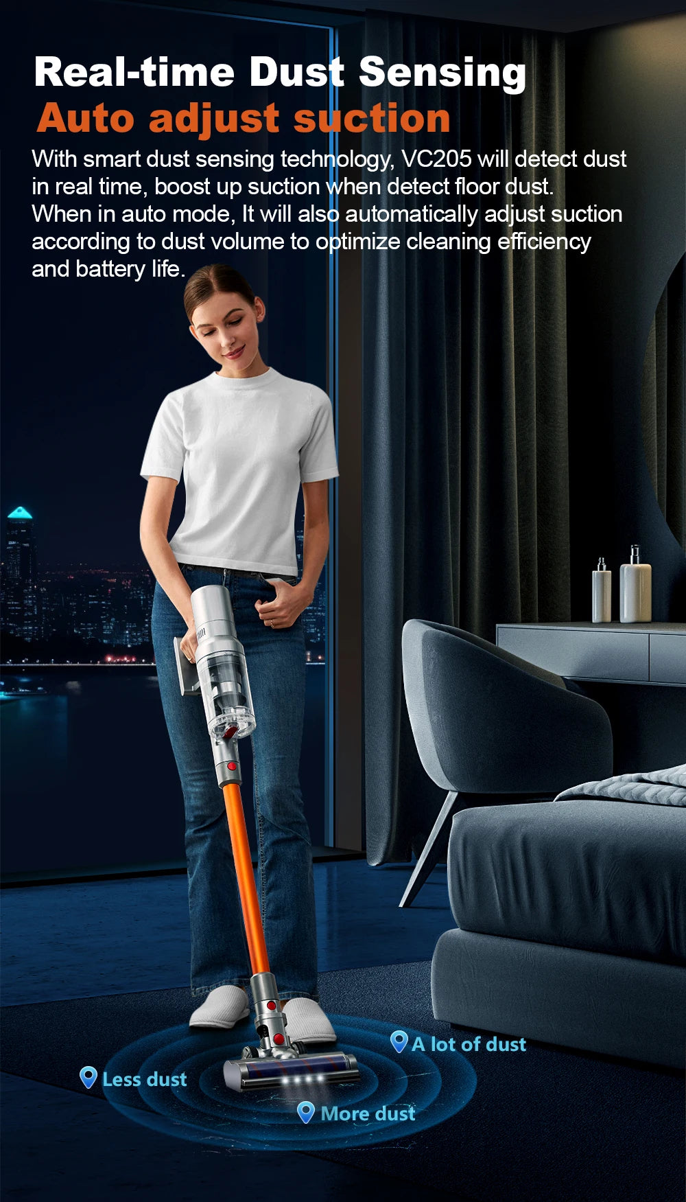 ABIR VC205 Cordless Handheld Vacuum Cleaner ,27000PA,Smart Dust Detction, Big Touch Screen,WithSmart Vacuum for Pet Home