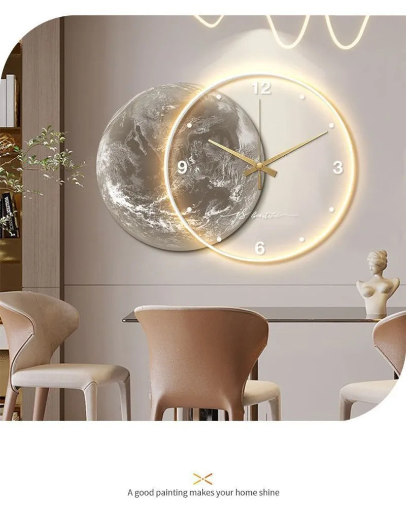 Large Dining Room Living Room Wall Clock Luxury Moon The Earth Modelling LED Light Silent Movement  Bedroom Wall Decoration Gift