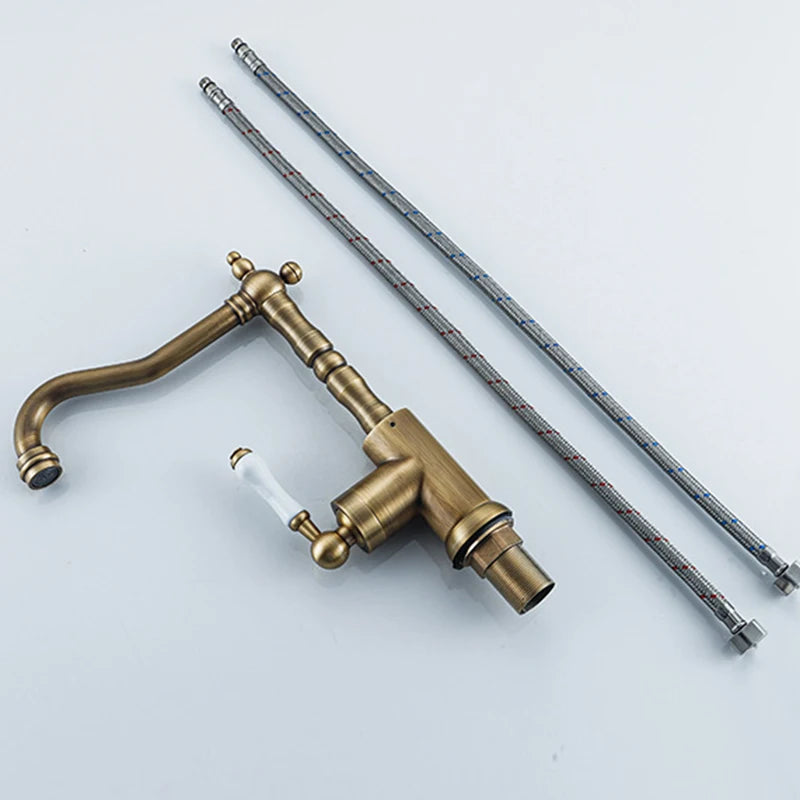 Brass Kitchen Faucet Ceramic Handle Deck Mount Bathroom Basin Faucet 360 Rotate Mixer Taps Hot Cold Water Faucet Crane