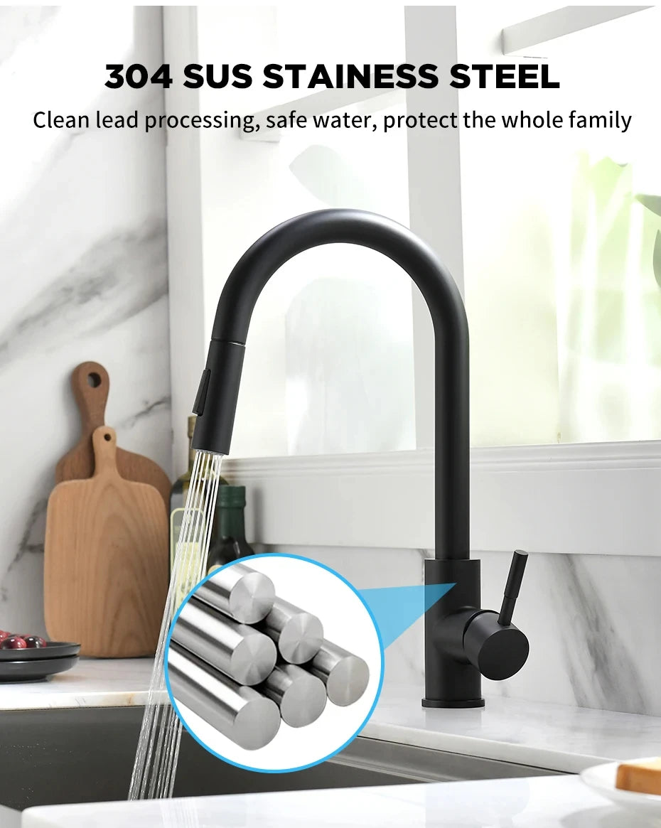304 brushed kitchen faucet, black surface faucet, kitchen sink faucet, pull-out kitchen faucet, single hole faucet