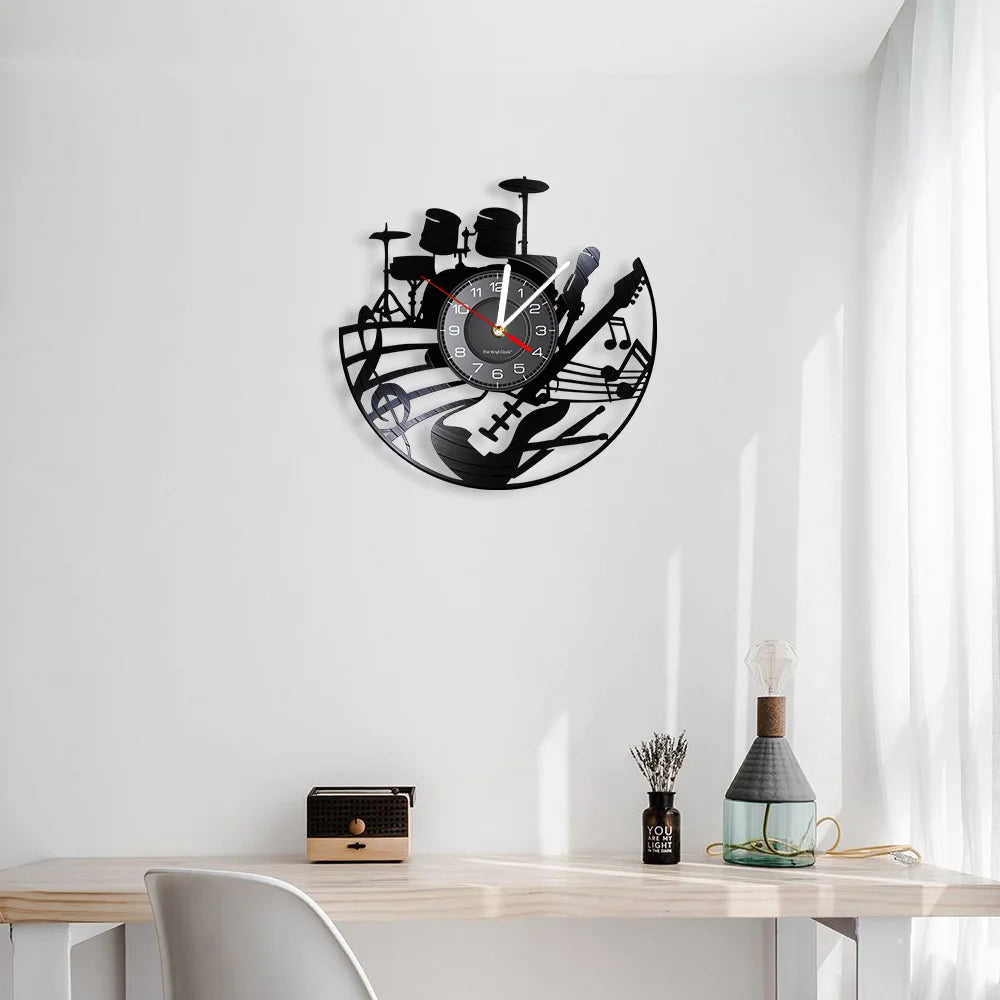 Guitar and Drum Kits Wall Clock Guitar Player Music Vinyl Record Clock Rock Music Instrument Guitar Wall Art Rock n Rock Gift