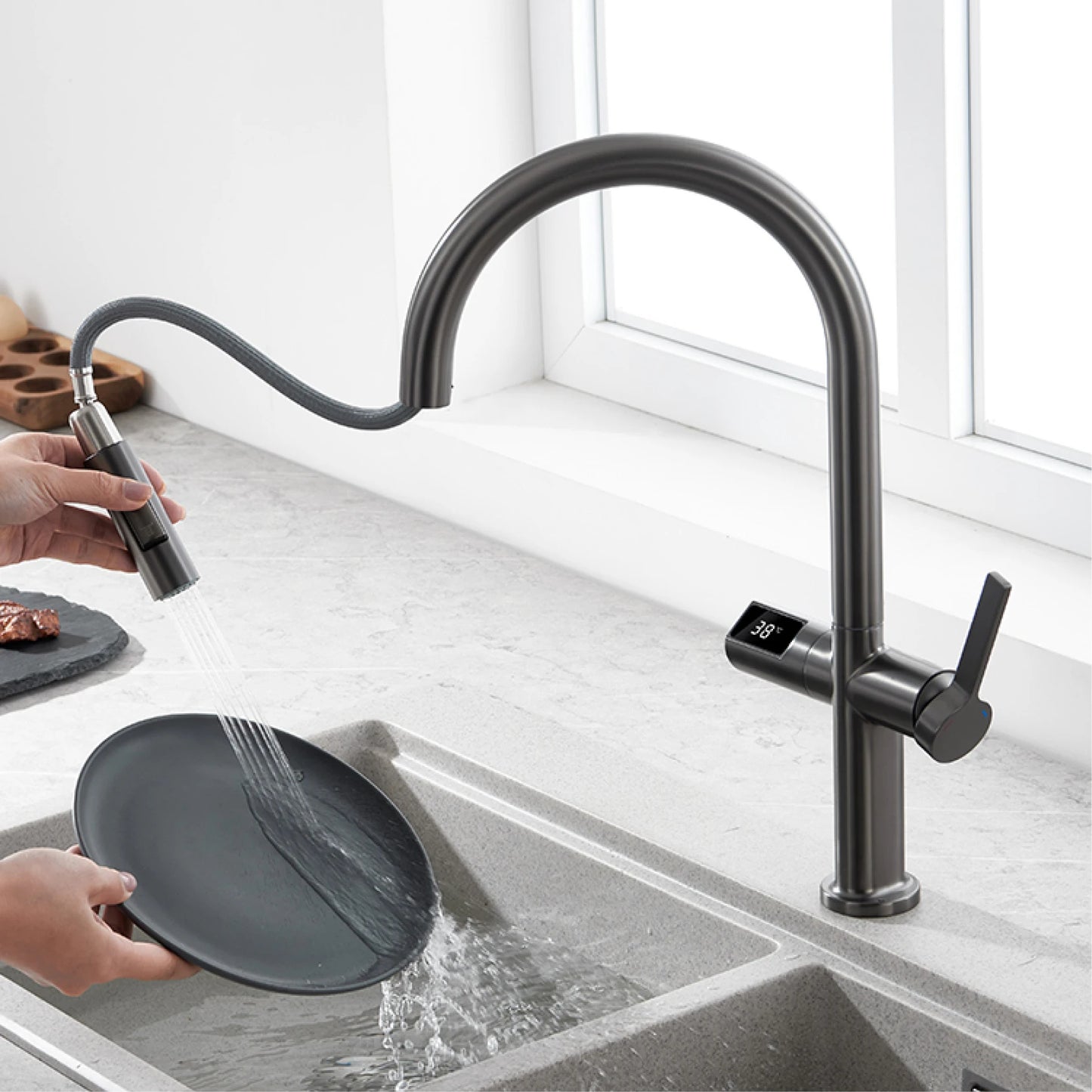 Luxury brass gun gray kitchen faucet LED digital sensing design single handle hot & cold water pull-out type 2-function sink Tap