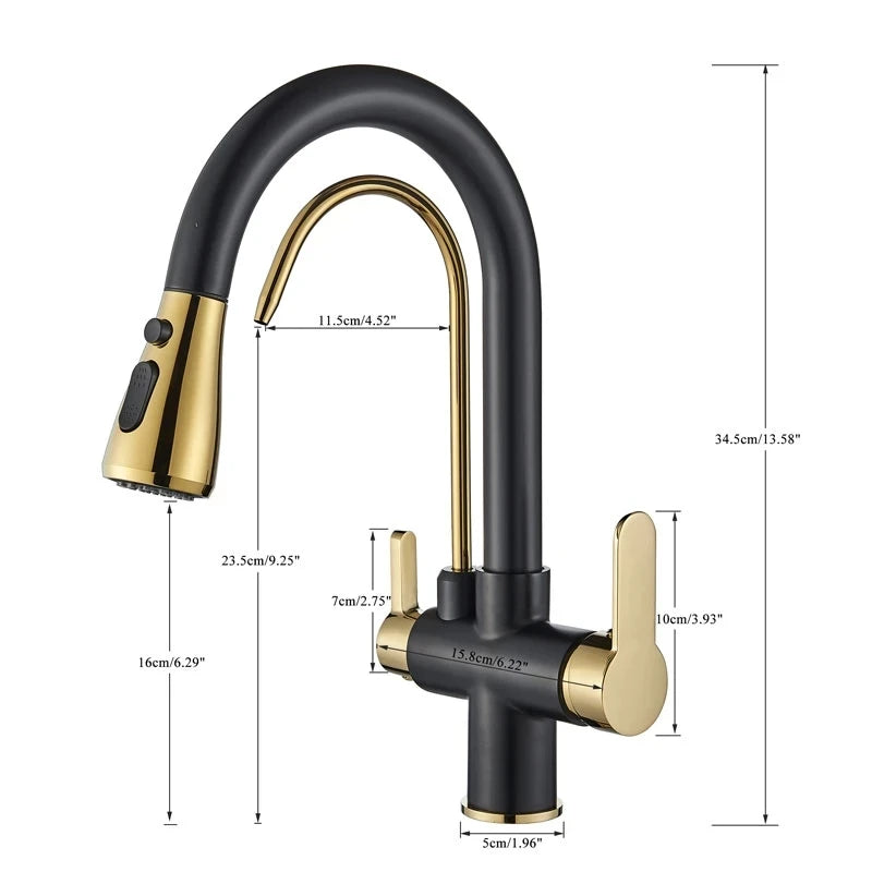 SHBSHAIMY Golden Kitchen Tap Pull Down Purified Water Faucet 360 Rotation Double Handles Single Hole Cold and Hot Water Mixers