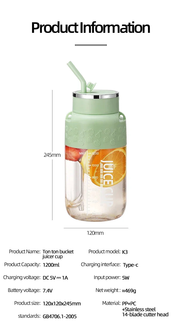 Wireless Portable Juicing Bucket Electric 800ml Sports Cup Fresh Fruit Juicer With Large Capacity and 10 Stainless Steel Blades