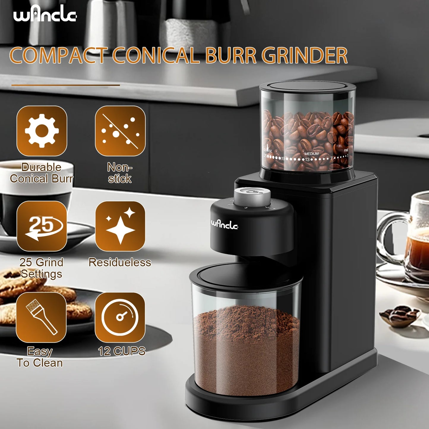 Coffee Bean Grinder Automatic Conical Burr Grinder 25 Precise Grindings with Powder Blower for Espresso French Coffee 2-12 Cups