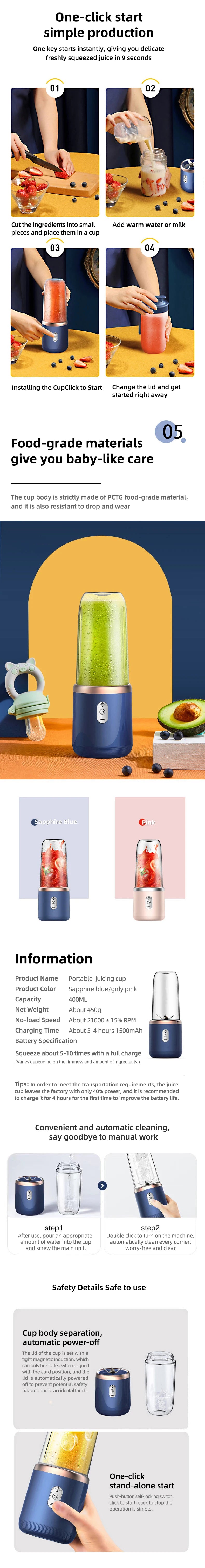 Mixing cup  Juice Cup Portable Rechargeable Small Juice Cup Home and Outdoor Multifunctional Juice Mixing NO BPA  Food Is Safe