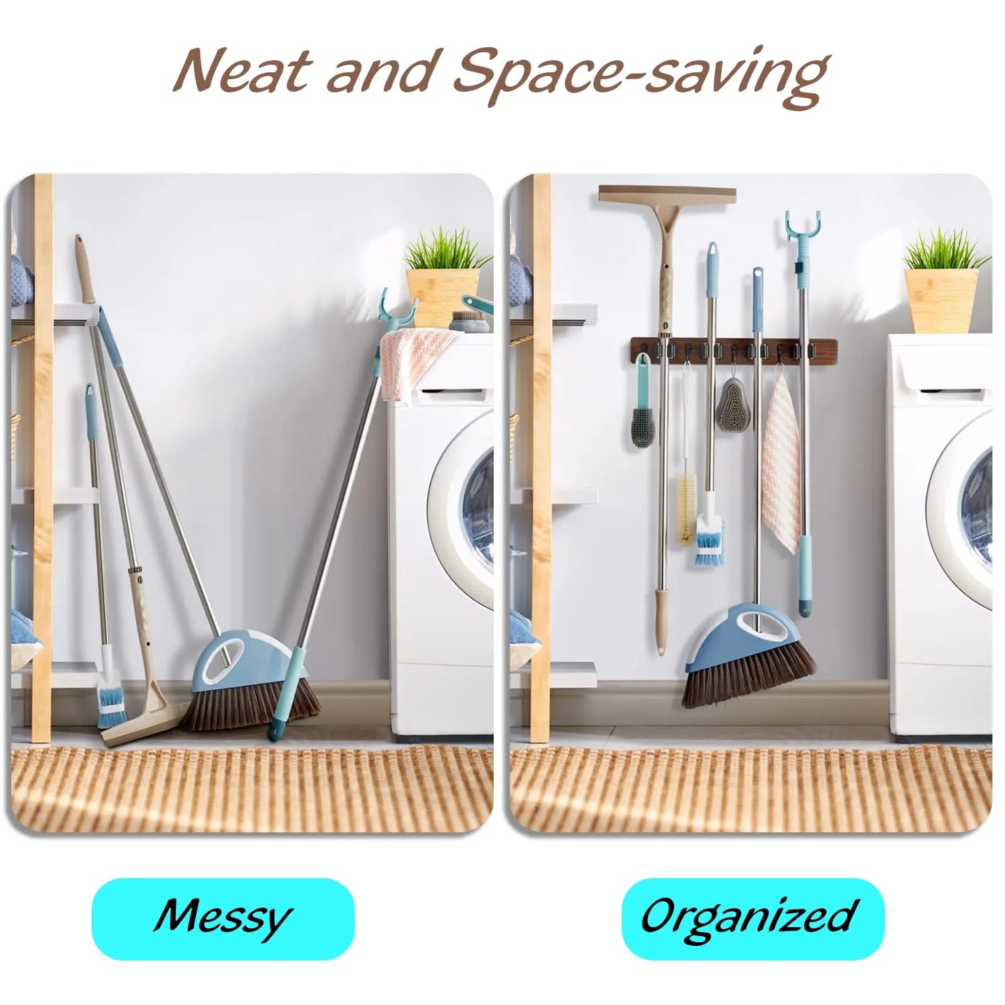 Rustic Wood Broom Mop Holder Hanger Wall Mounted Garden Tool Rack Organizer With 4 Slots 4 Hooks For Garage Laundry Room