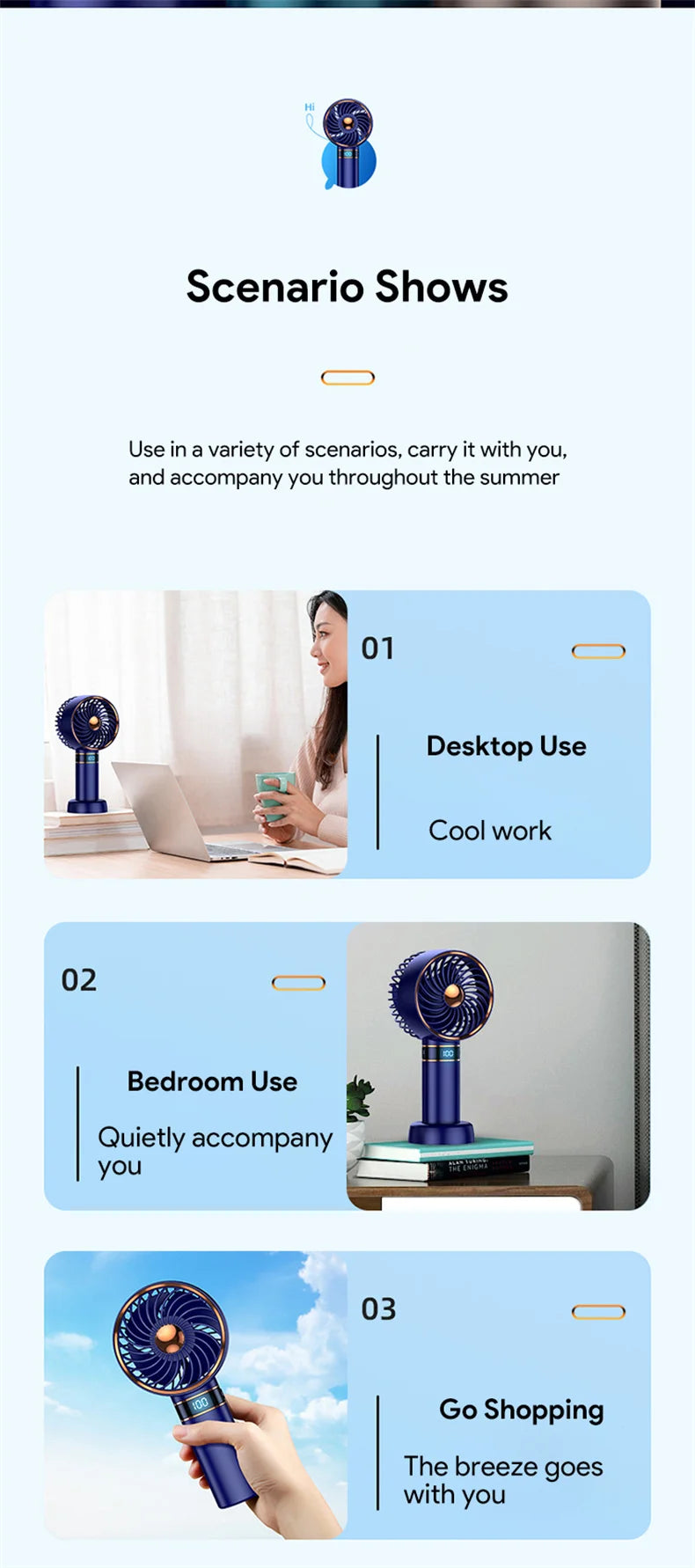 5000mAh Recharge Portable Fan Handheld Mini Fan USB Hand Hold Small Pocket Fan with Data Disply Table Stand Home Air Conditioner