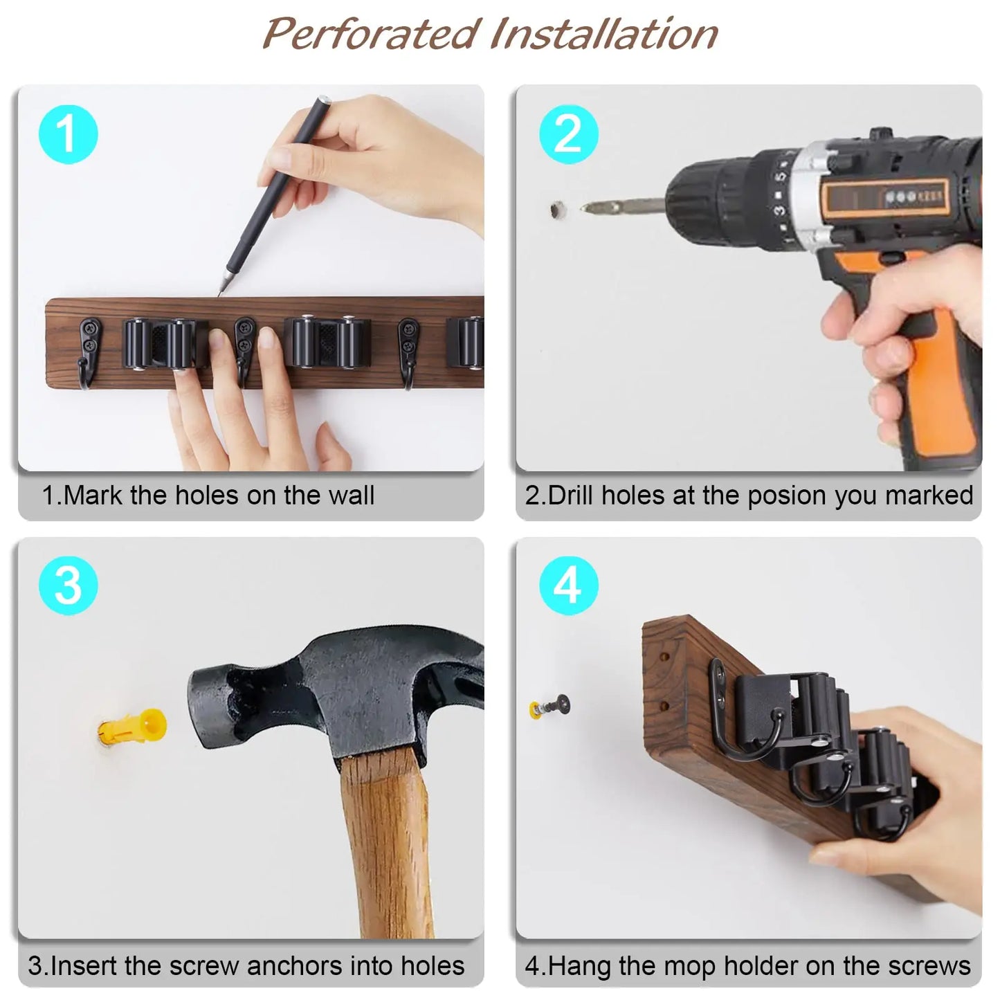Rustic Wood Broom Mop Holder Hanger Wall Mounted Garden Tool Rack Organizer With 4 Slots 4 Hooks For Garage Laundry Room
