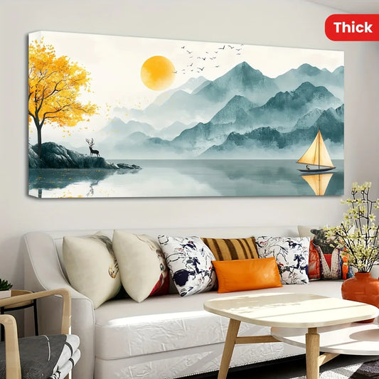 1.5 inch thick pine solid wood frame, landscape poster, sunrise scenery and golden mountain painting, interior decoration