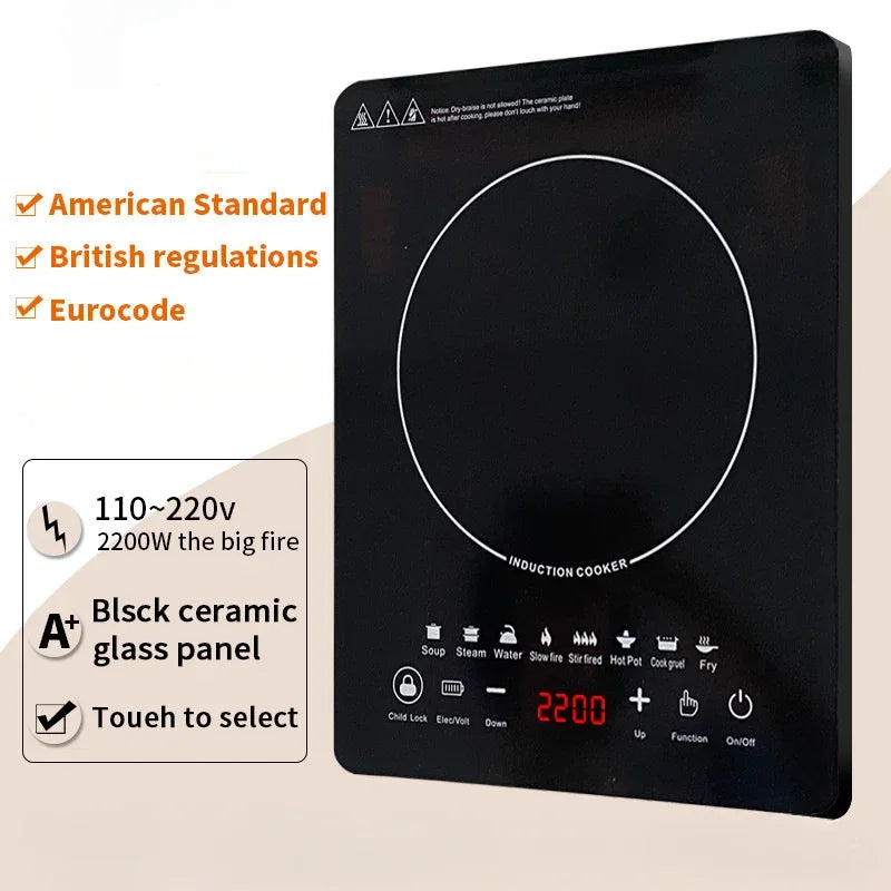 EU/UK/US Multifunctional Portable 2200W High-power Electric Induction Cooktop 110V/220V Home Kitchen Touch Panel Desktop Burner
