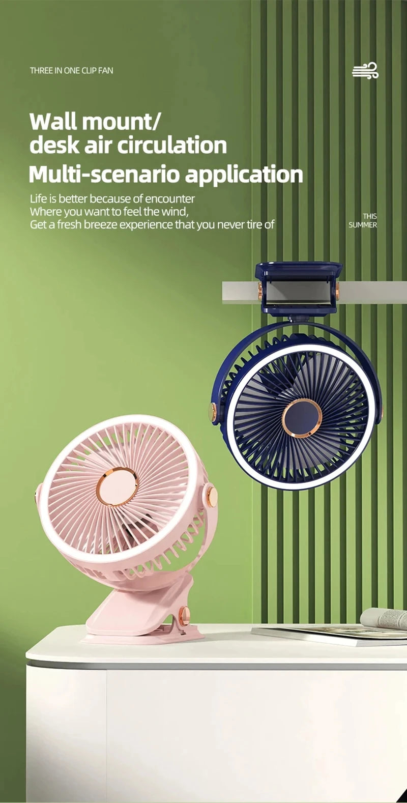 Xiaomi Portable Desktop Fan 3 Wind Speed Quiet Rechargeable Clip-on Air Circulator Wireless Hung Fan With LED Light Camping Home
